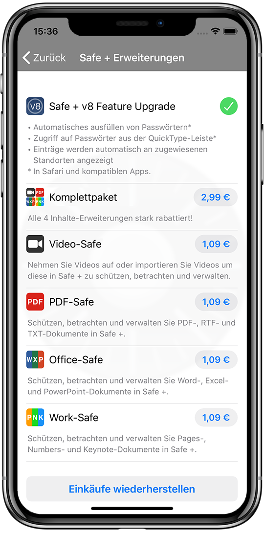 Das Safe + v8 Feature-Upgrade aktivieren.