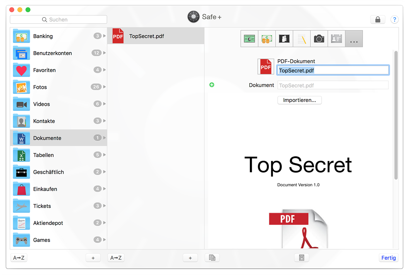 Safe + für Mac einen Eintrag mit PDF-Dokument erstellen.