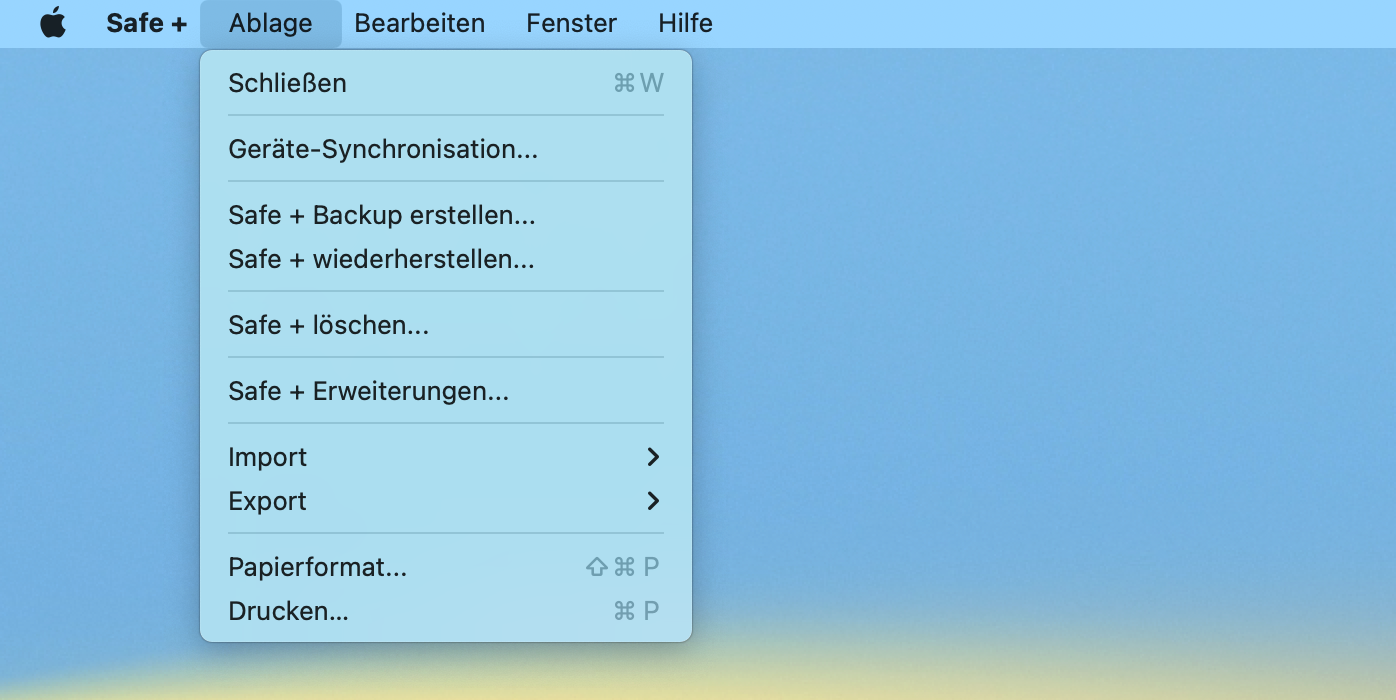 Safe + für Mac das Menü Ablage.