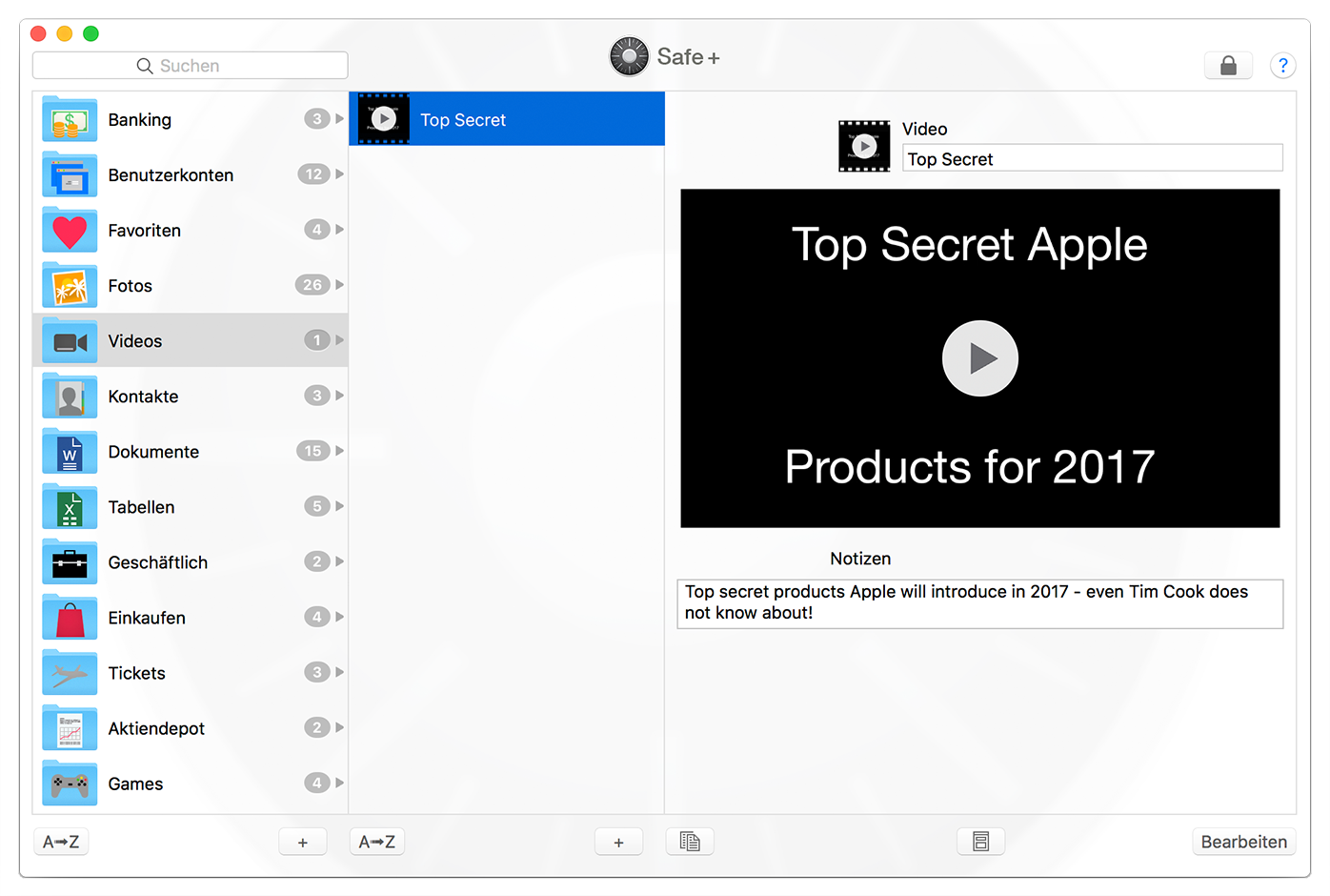 Safe + für Mac einen Eintrag mit Video erstellen.